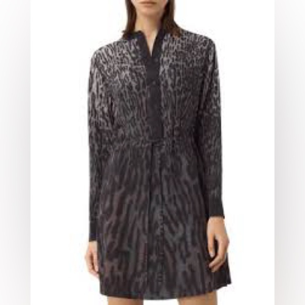 AllSaints Sanko Sinai Silk Shirt Dress Animal Print Leopard Print Black Grey 8